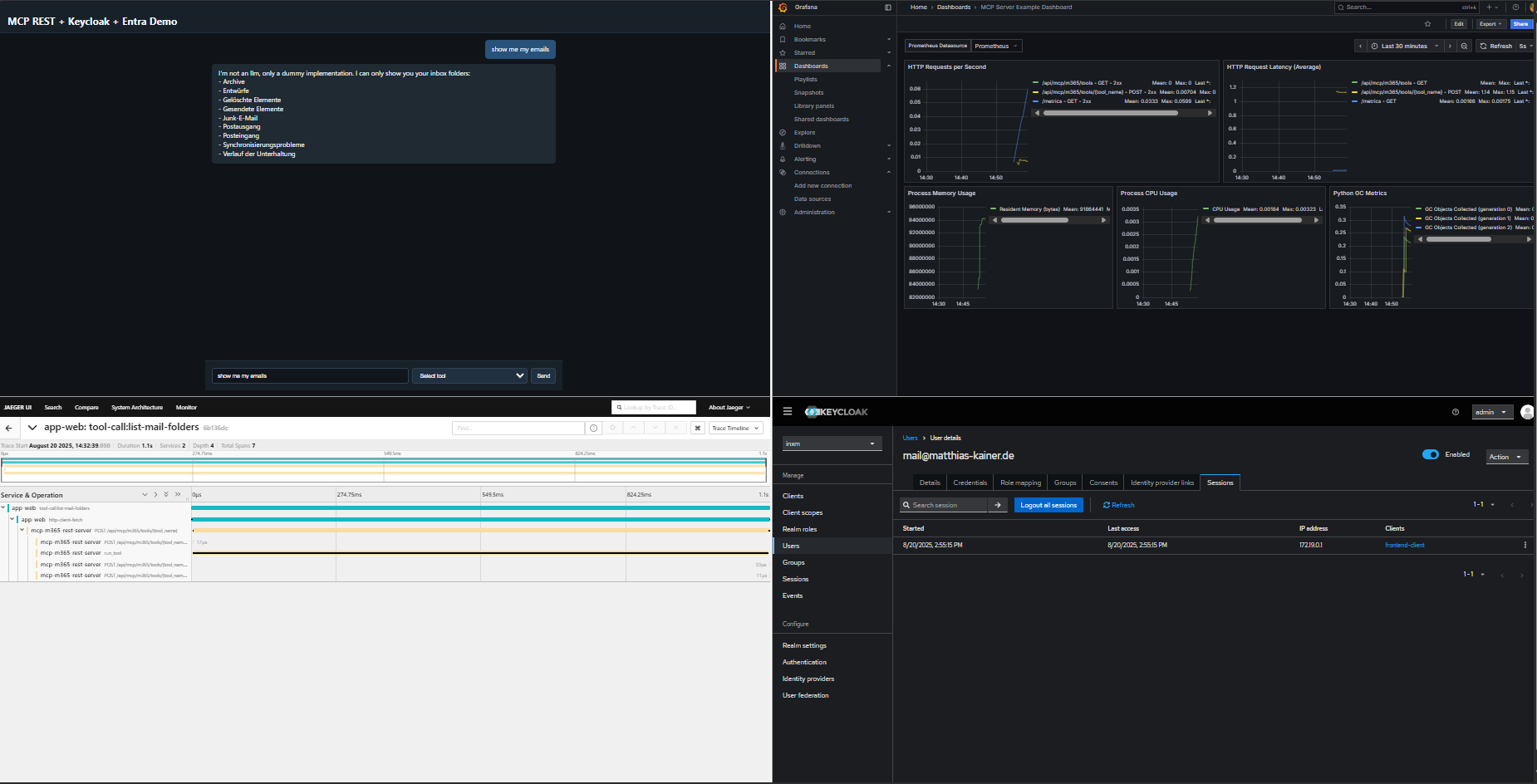 Screenshot of the Enterprise MCP Bridge example deployment with application, jaeger, grafana and keycloak
